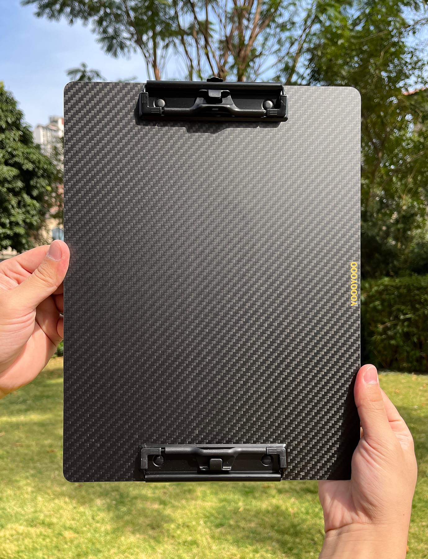 9.4"W x 12.6"L x 0.06"T Hard Lightweight Portable Carbon Fiber Clipboard with 2 Strong Black Low Profile Clips, Hook & Pen Holder, Letter/A4 Size Drawing Board, Waterproof & Sun Resistant, 3K Twill