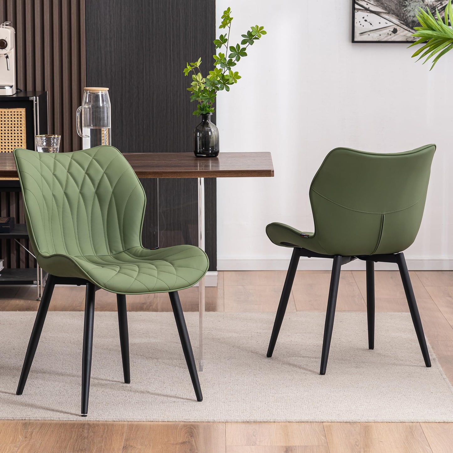 Kidol & Shellder Dining Chairs Set of 2, PU Leather Upholstered Kitchen Chairs with Back Armless, Mid Century Modern Side Chair for Dining Room, Living Room, Lounge, Restaurant, Bean Green