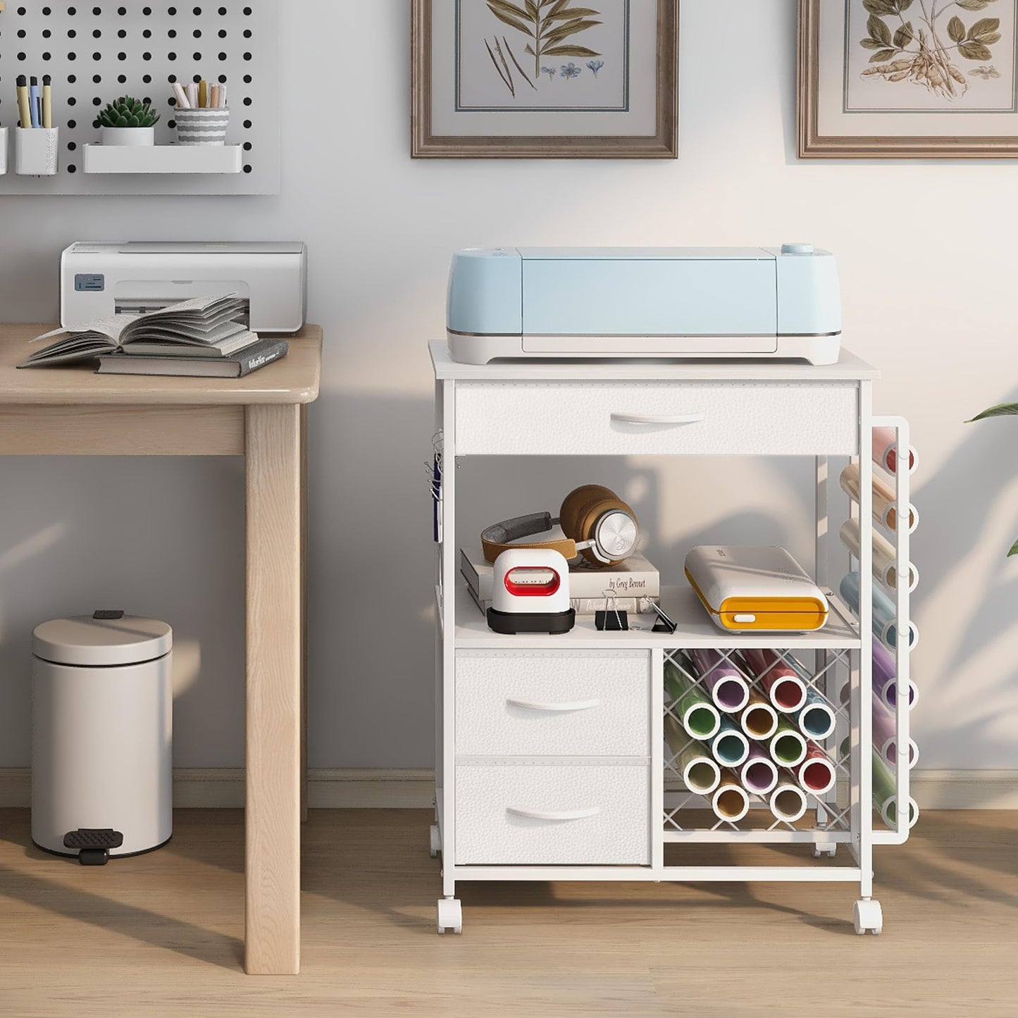 VENNQD Storage cart Compatible with Cricut Machines Stand Cutting Machine Stand with Drawers and Vinyl Roll Holder Rolling Craft Cabinet Table for Cricut Craft Workstation for cart Craft Room (White)