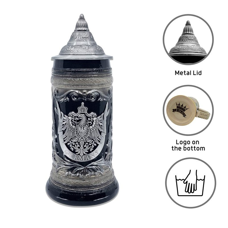 OktoberfestHaus German Adler (Eagle) Stein Mug With Lid - 1 Liter Charcoal Black Ceramic Beer Stein With Metal Emblem - Collectible Bier Krug for Men, Beer Lovers Gift