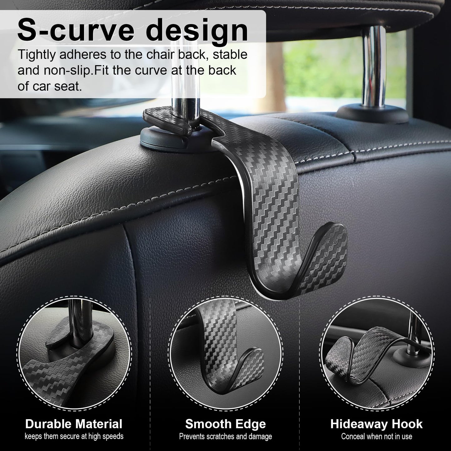 LivTee Car Purse Hook, 4 Pack Universal Auto Seat Headrest Hook Hangers Organizer for Coats, Umbrellas, Groceries - Carbon Fiber Black