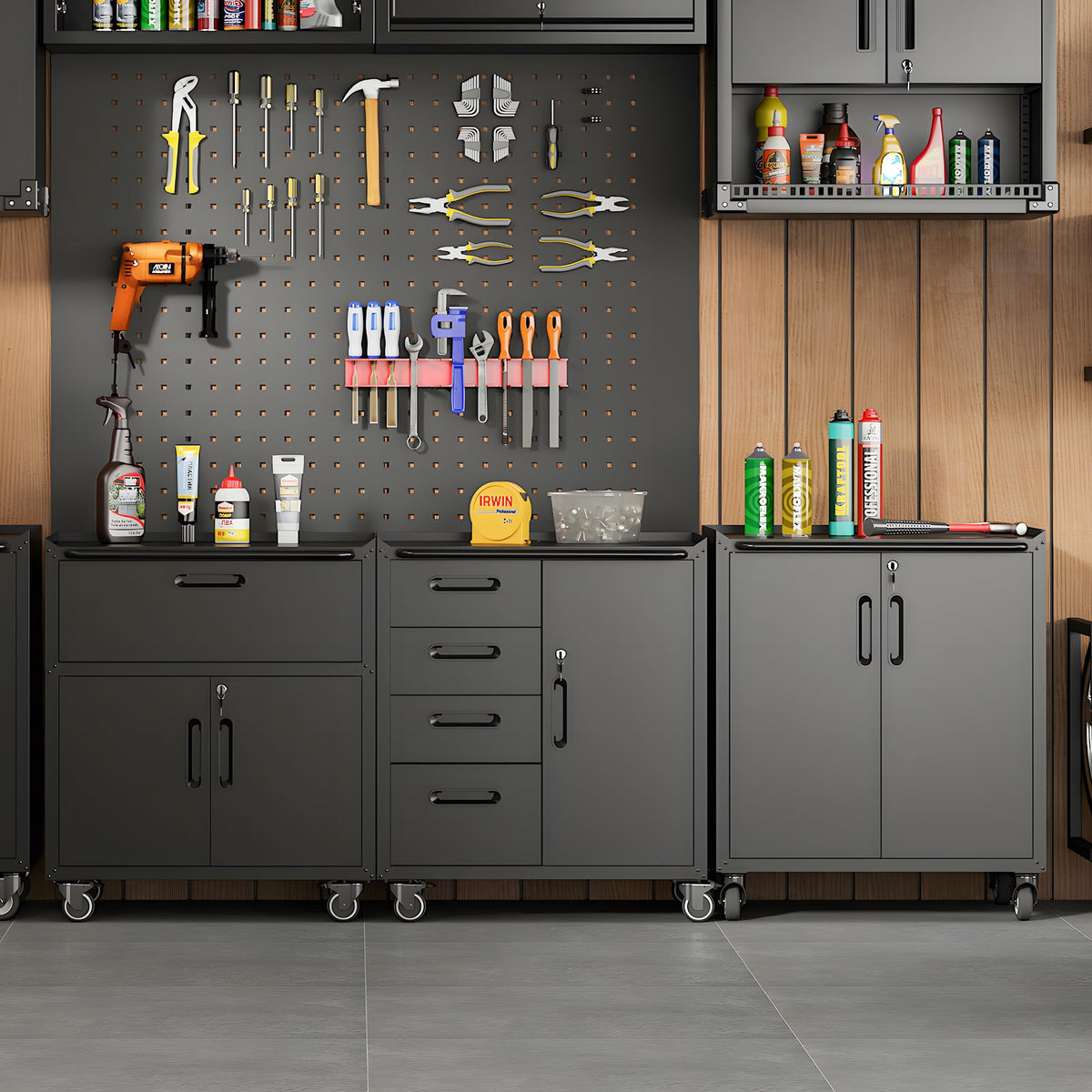 VIYET 2-Pack Rolling Garage Tool Cabinet,Heavy Duty Steel Rolling Tool Chest with Lockable Doors & Adjustable Shelves,Mobile Workshop Storage Cart for Garage Organization,Black