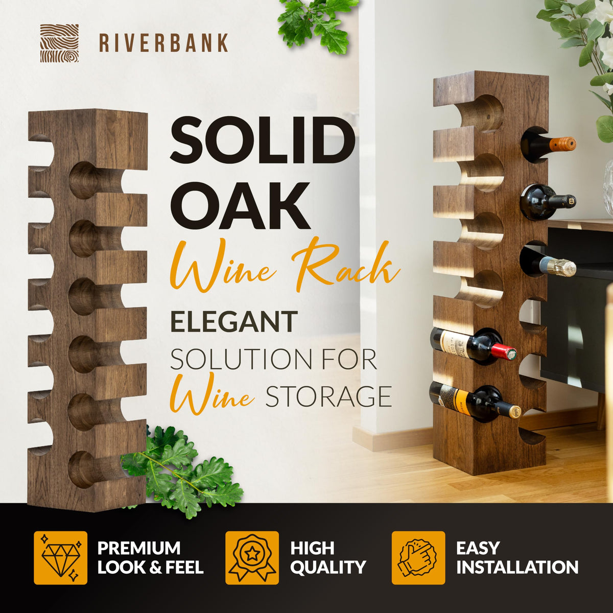 Riverbank Dark Oak Wine Rack, Elegant Free Standing 12-Bottle Holder, Made of Solid Wood, Wooden Wine Stand, Stylish & Luxurious Home Décor (Dark Oak, 12-Bottles)