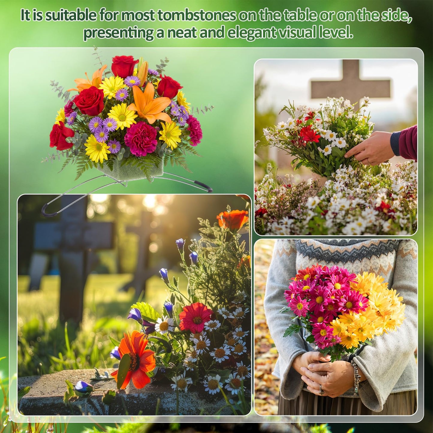 Yousoontic 4 Pack Tombstone Floral Foam Kit Headstone Flower Saddle 17.3 x 5.9 x 2.3 Inches Waterproof Floral Tombstone Hugger for Cemetery Decoration, Grave Flower Holder, Green