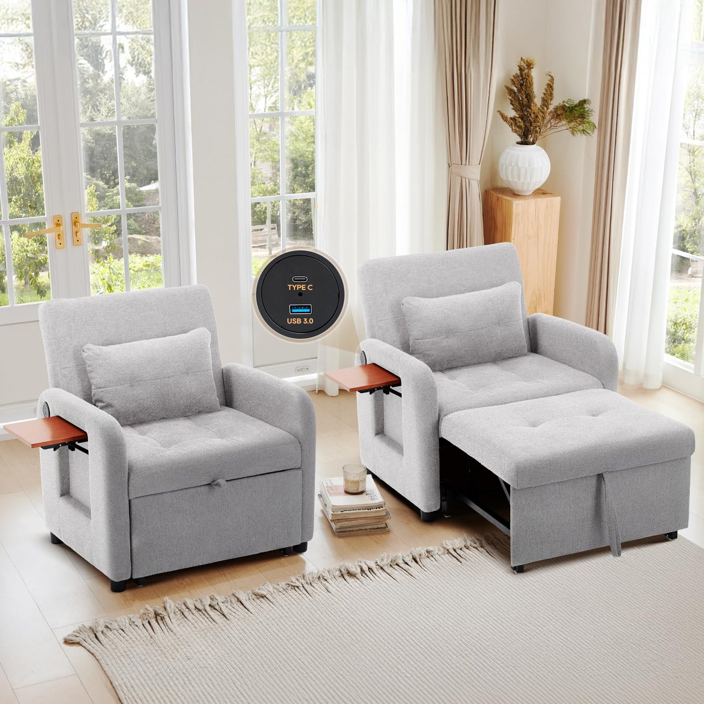 Convertible Sleeper Chair-Fabric Futon Sofa Bed, Single Sleeper Sofa, Small Couch Bed with USB Port, Foldable Table, Pillow, Adjustable Backrest for Dorm/Bedroom/College Lightgrey