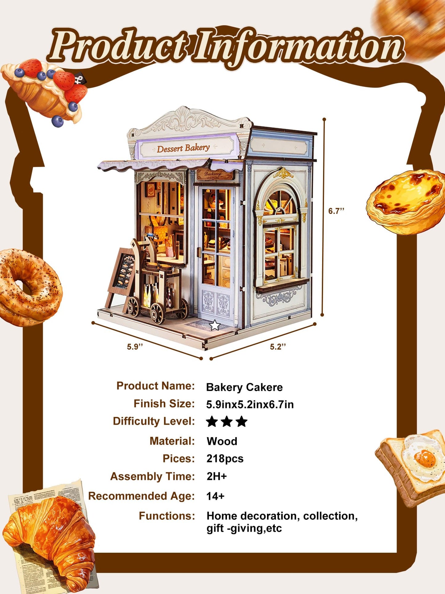 Book Nook Kit - DIY Miniature House Bakery Patisserie Dollhouse Kit for Adults and Teens, Booknook Tiny House Bakery Shop Bookshelf Decor 3D Wooden Puzzle, Gifts for Family, Friends (with Glue)