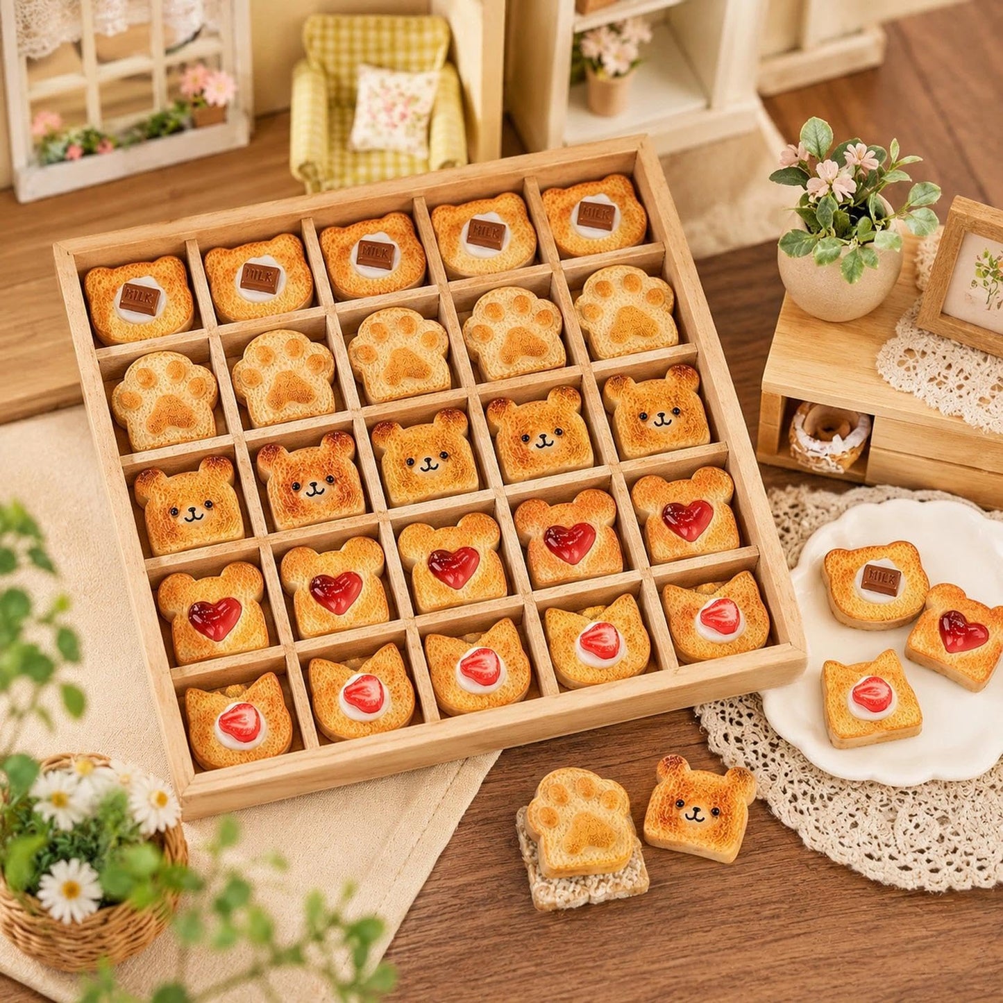 LOGOFUN 24pcs Dollhouse Miniature Food Simulation Caramel Toast Bread Resin Accessories Mini Scene Decoration