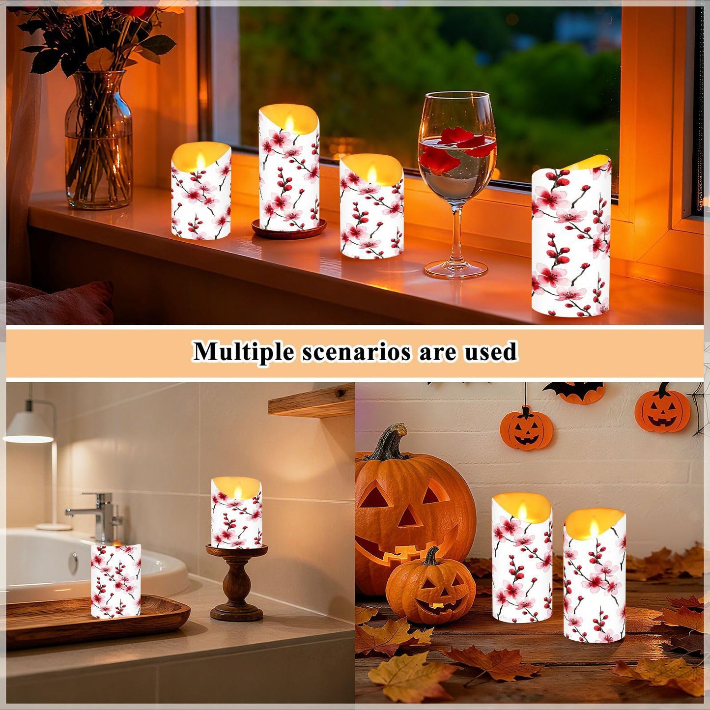 ALAZA Cherry Blossoms Pink Red Flickering Flameless Candles Battery Operated with Remote Timer,Tea Light Candles LED Pillar Votive Set of 2 for Outdoor Indoor Decorations 3" x5.9"