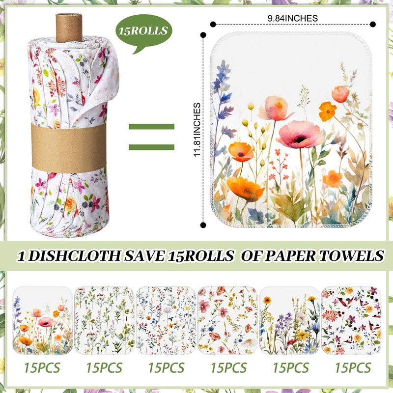 Noveread 90 Pack Reusable Cleaning Cloths Washable Cotton Kitchen Dish Towels for Home Party Supplies Bulk, 9.84x11.81in (Wildflowers)