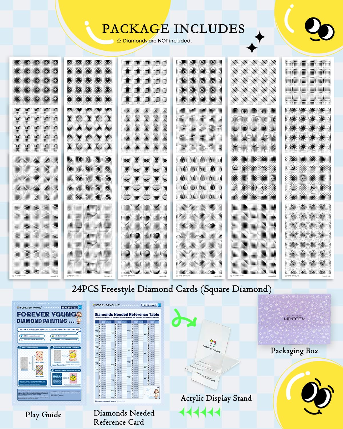 forever young 24 Designs Diamond Freestyle Cards for Beads, 5x7 Blank Diamond Art Cards with Glue for Square Dots for Adults, Postcard-Style Diamond Painting Accessories (No Drills)