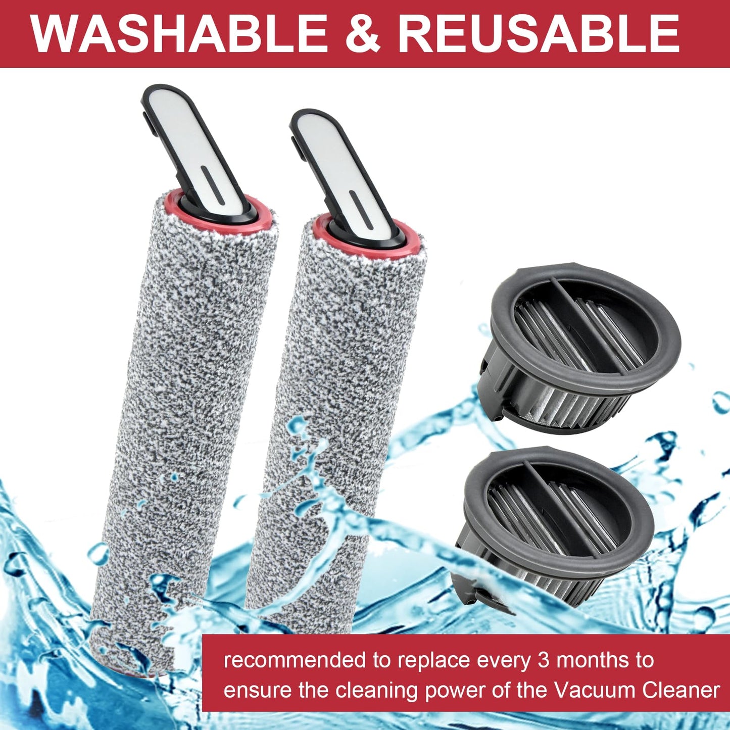 Brush Rollers and Filters Replacement Parts Compatible with Dreame H14/ H14 Pro Wet Dry Vacuum Cleaner (2 Roller Brushes, 2 Hepa Filter)