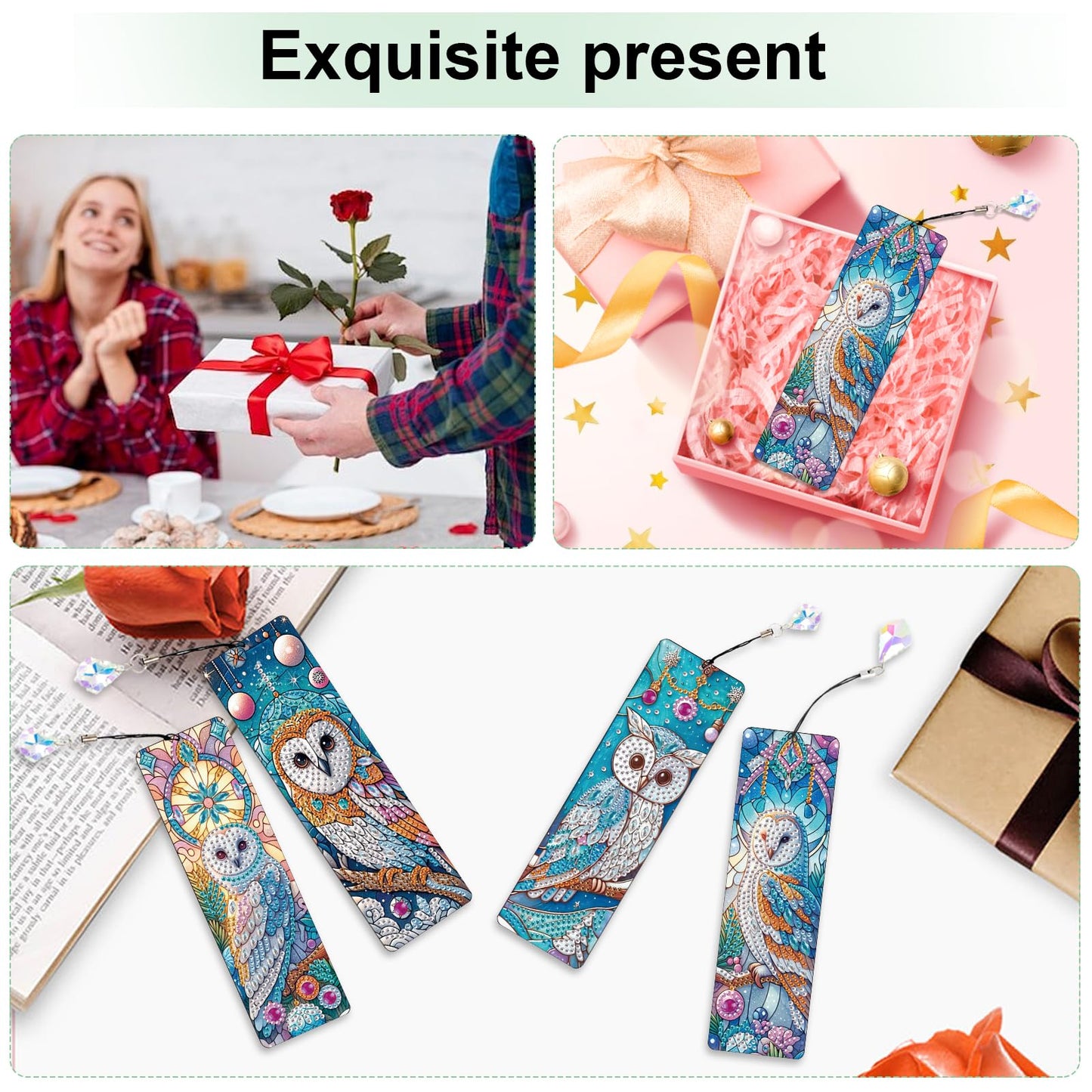 4-Piece DIY 5D Diamond Painting Bookmark Kits, Owl Special Shaped Crystal Rhinestones Book Marks, Handmade Diamond Art Bookmarks with Crystal Pendant Tassels, Decorative Craft Gift Set for Adults
