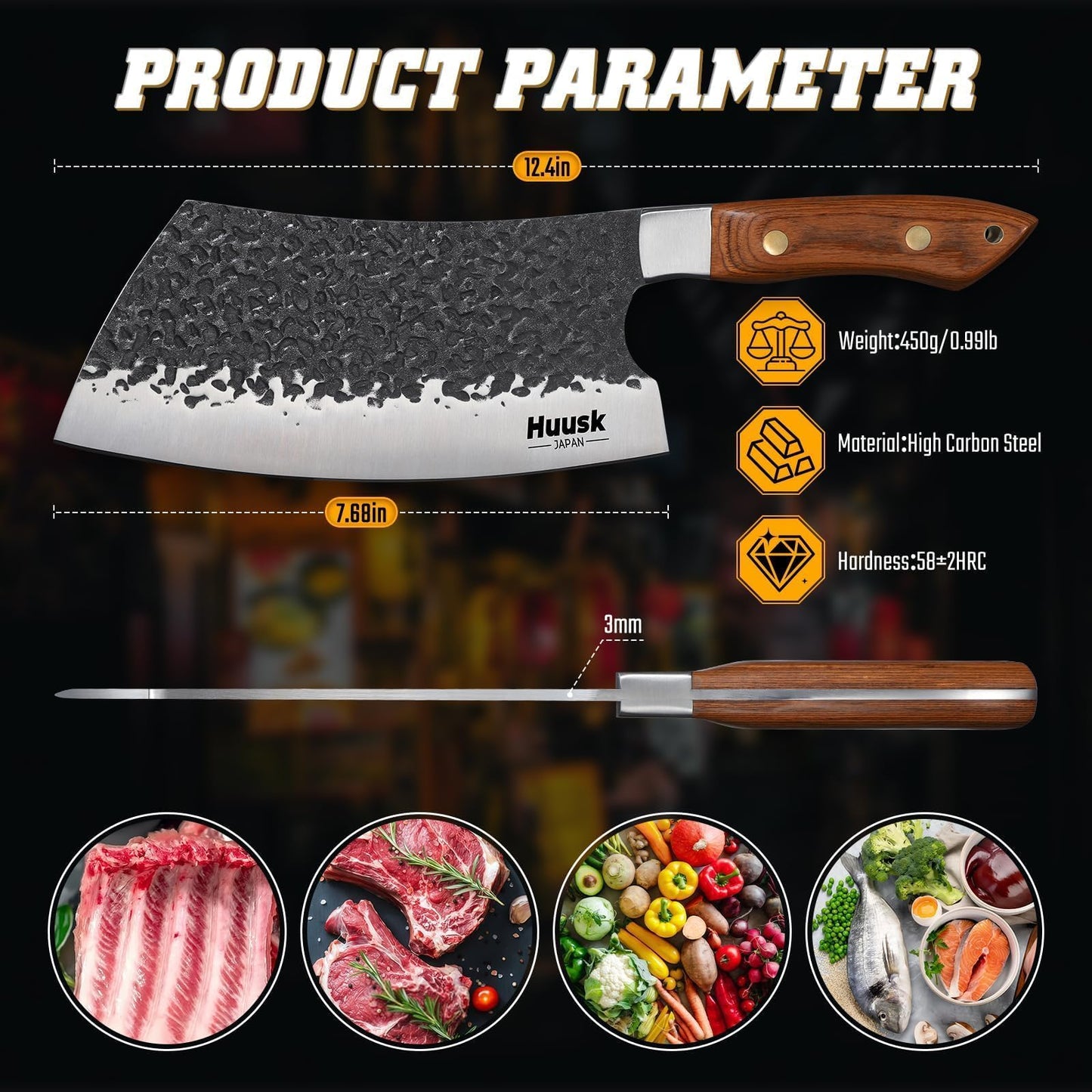 Huusk Cleaver Knife 7 inch - Hand Forged Butcher Knife for Meat Cutting, Japanese Chopping Knives, High Carbon Steel Vegetable Meat Cleaver for BBQ, Camping, Christmas Gifts for Men Women