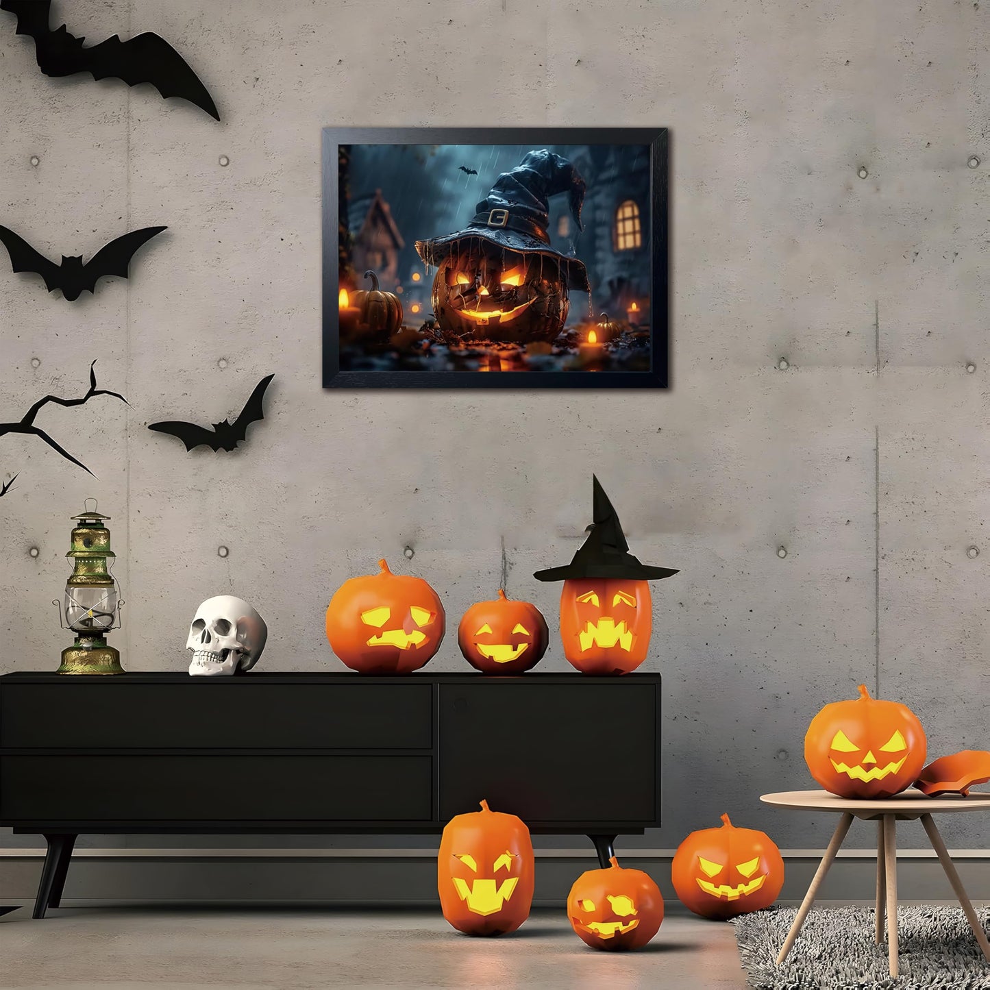 Wood Framed Dark Halloween Pumpkin Wall Art, Gothic Witch Hat Jack-o'-Lantern Canvas Print, Dark Academia Spooky Haunted House Poster Wall Art for Living Room Bedroom Room Aesthetics 12x16 inch