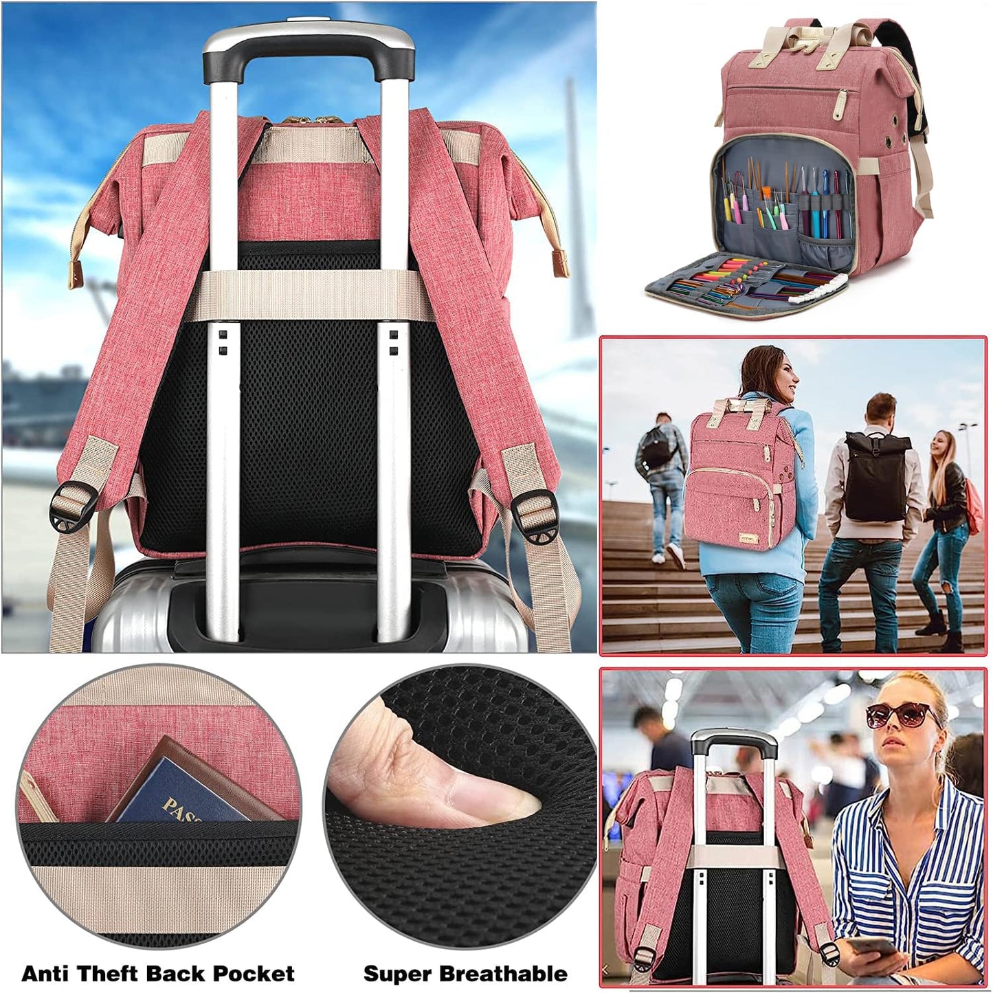 LTINVECK Knitting Bag Backpack,Yarn Storage Organizer Travel Crochet Bag,Large Capacity Tote Bag Yarn Holder Case for Carrying Projects, Knitting Needles, Crochet Hooks Pink