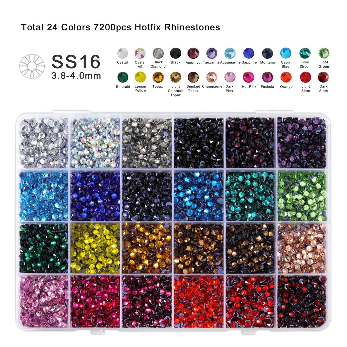 BEADSLAND Hotfix Rhinestones Mixed 24 Colors, SS16 Rhinestones for Crafts Clothes, Hotfix Crystals with 1 Tweezers, 1 Wax Pencil and 1 Spoon
