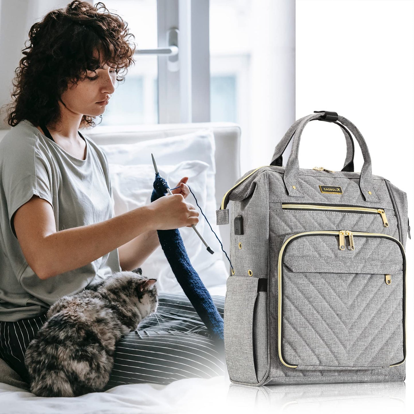 Knitting Bag Backpack, Crochet Bag Tote with USB Charging Port, Yarn Storage Organizer, Gifts for Crocheters Crochet Lovers Gift, Yarn Storage Tote Bag for Knitting & Crochet Accessories, Grey