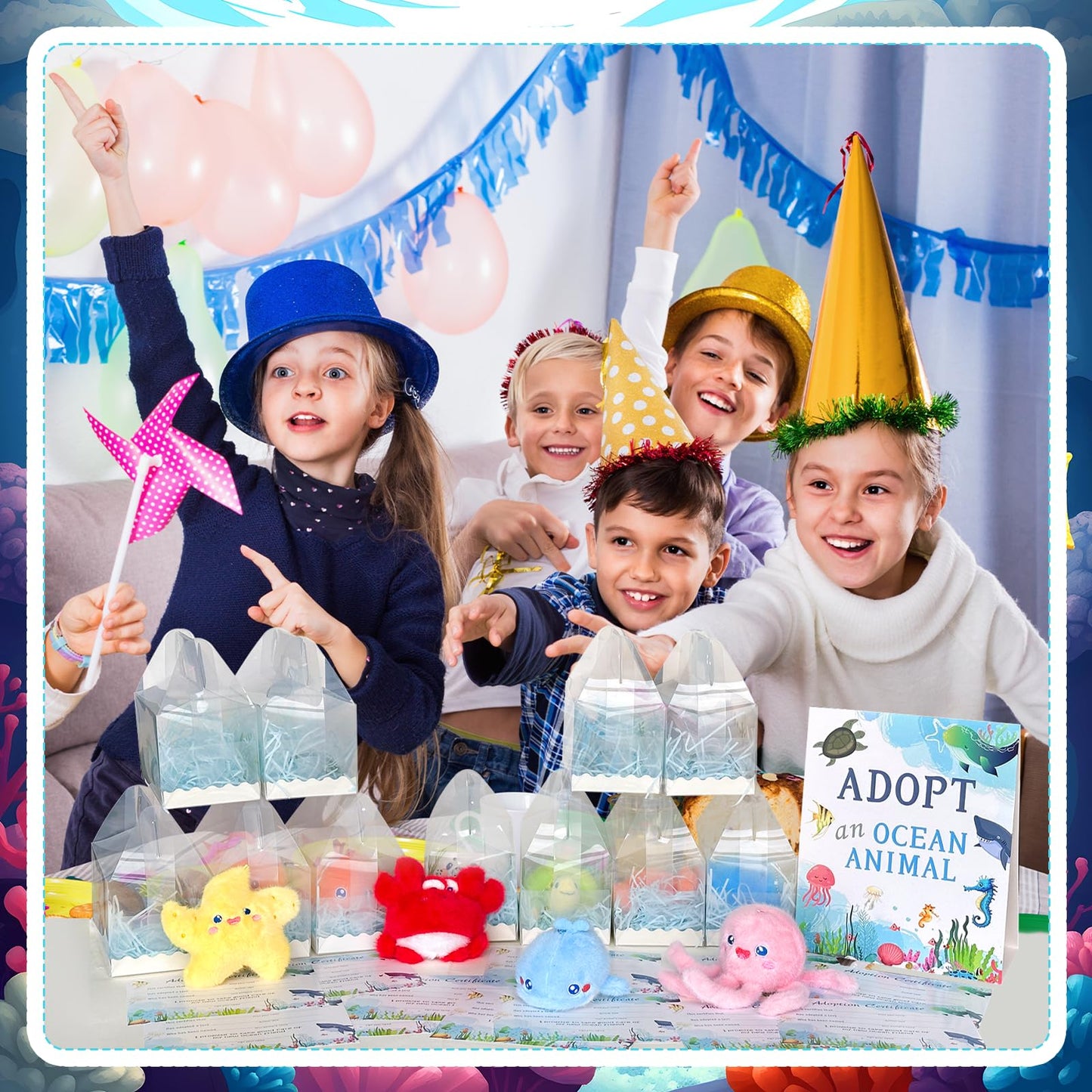 86 Pcs Adopt an Ocean Animal Party Favors Includes 12 Plush Sea Animals 12 Clear Favor Boxes 12 Adoption Cards 1 Adoption Sign Blue Raffia 48 Artificial Water Plants for Kids Sea Animal Adopt Party