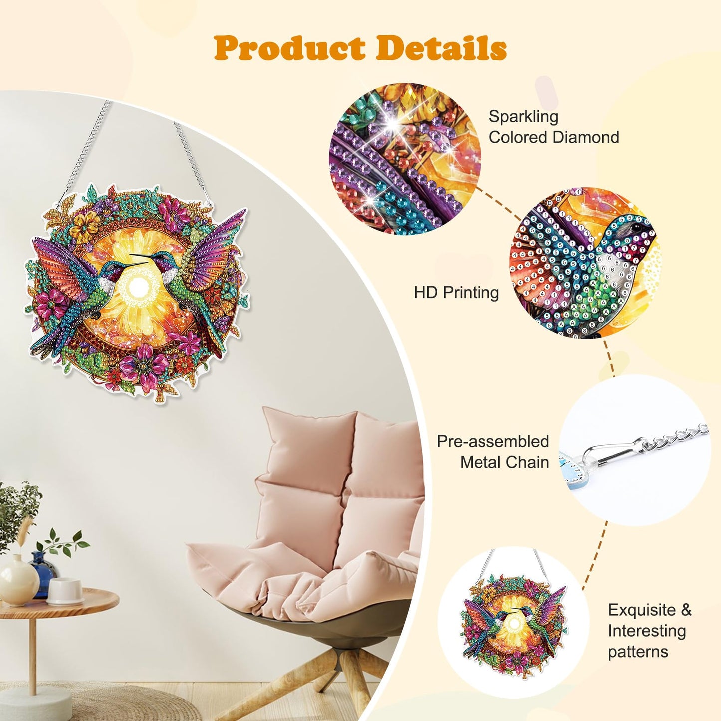 HEIBAGO Hummingbird Hanging Diamond Art Kits for Adults, Fall Special Shaped Crystal Diamond Painting Ornament Kit, DIY Double-Sided Pattern Window Pendant Gem Art Kit for Home Wall Decor 8.3x8.3inch