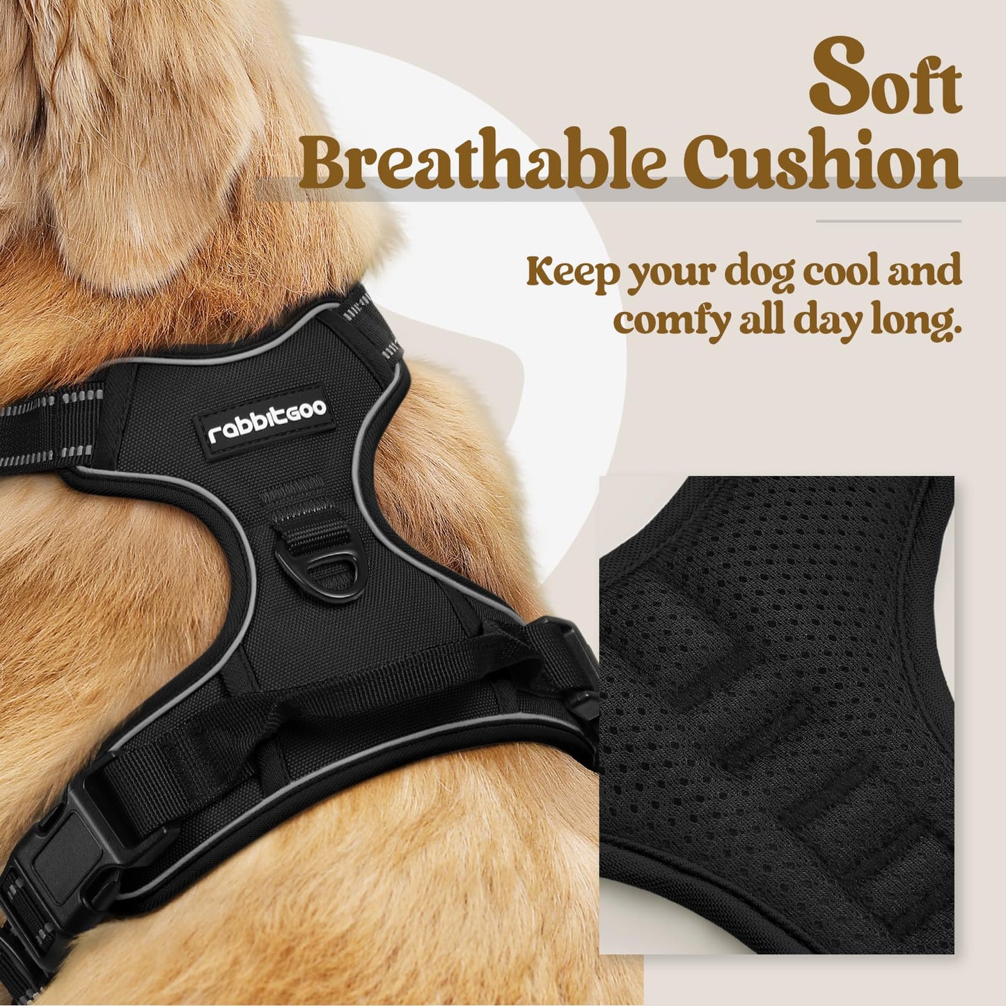 rabbitgoo Dog Harness No Pull with 2 Leash Clips, Adjustable Soft Padded, Reflective Oxford No Choke Pet Vest with Easy Control Handle for Large Dogs, Black, L