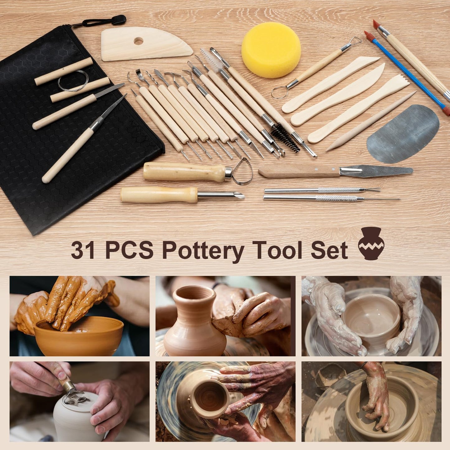 Amrules Clay Tools Kit, 31 PCS Pottery Tools, Practical Polymer Clay Sculpting Tools Kit, Air Dry Clay Tools Set for Beginner, Adults, Pottery Craft, Carving, Drawing, Molding, Modeling, Shaping