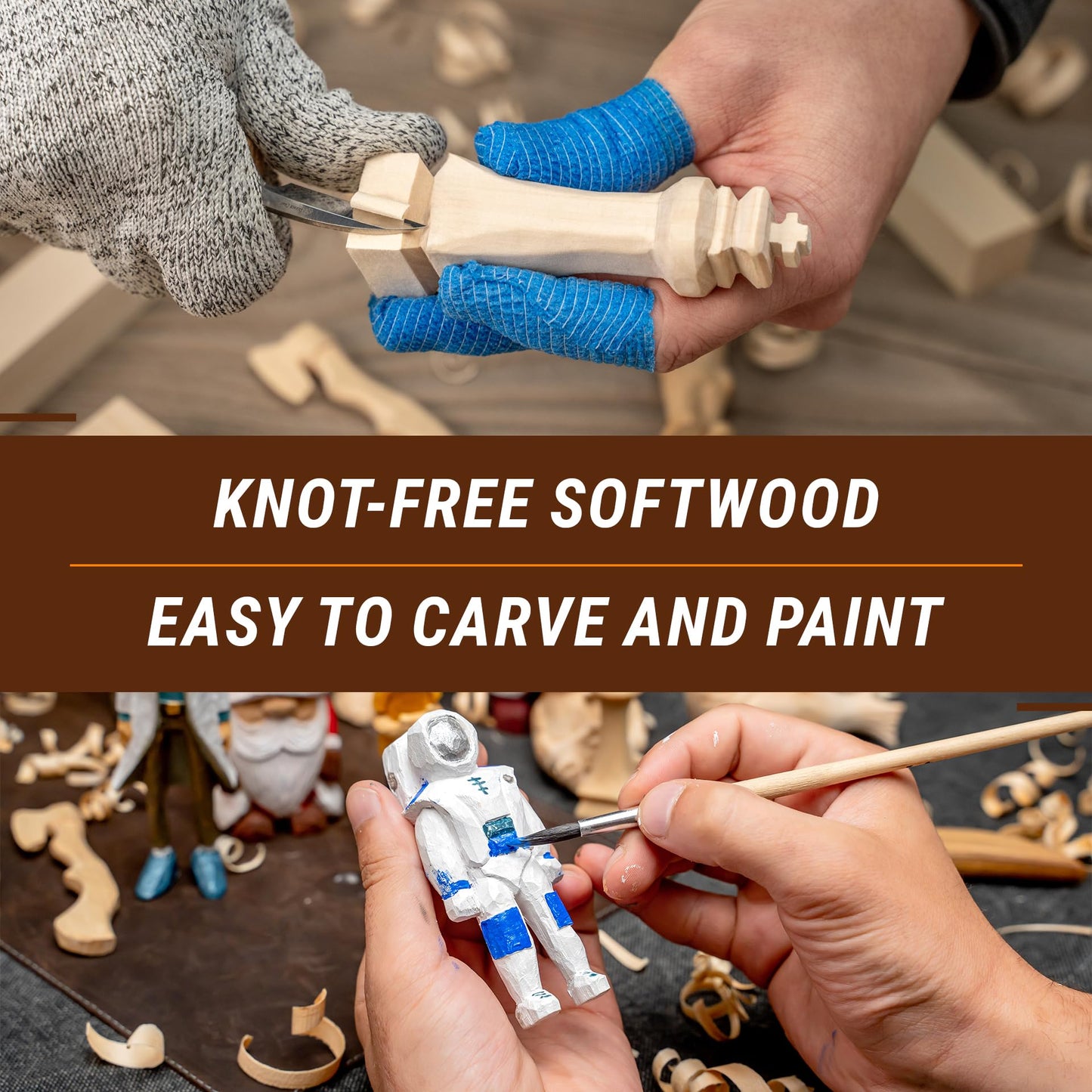 BeaverCraft Wood Carving Kit for Beginners S15 with Detail Chip Sloyd Whittling Knives & Leather Strop, 2 Different Sizes Basswood Soft Unfinished Carving Wood Blocks BW18