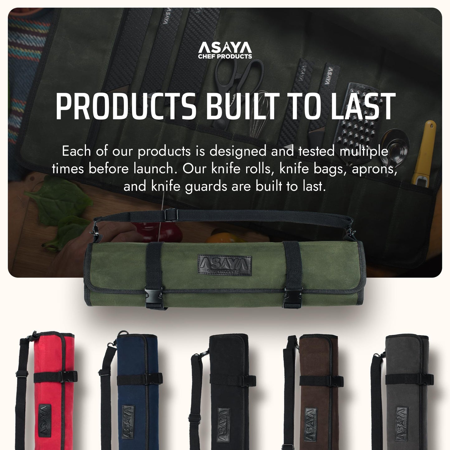 Asaya Waxed Canvas Chef Knife Roll Bag with 10 Slots and a Zipper Pocket - Professional Chef Knife Bag & Storage Case, with Shoulder Strap - Knives Not Included (Forest Green)