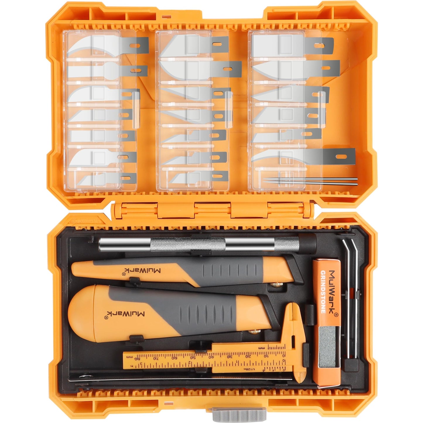 MulWark 41-Piece Precision Hobby Knife Set - Exacto Knife Set For Modeling - Craft Knife Handle Customized With Chiseling, Stencil Edge And Fine Point Blades With Sharpening Stone And Steel Ruler