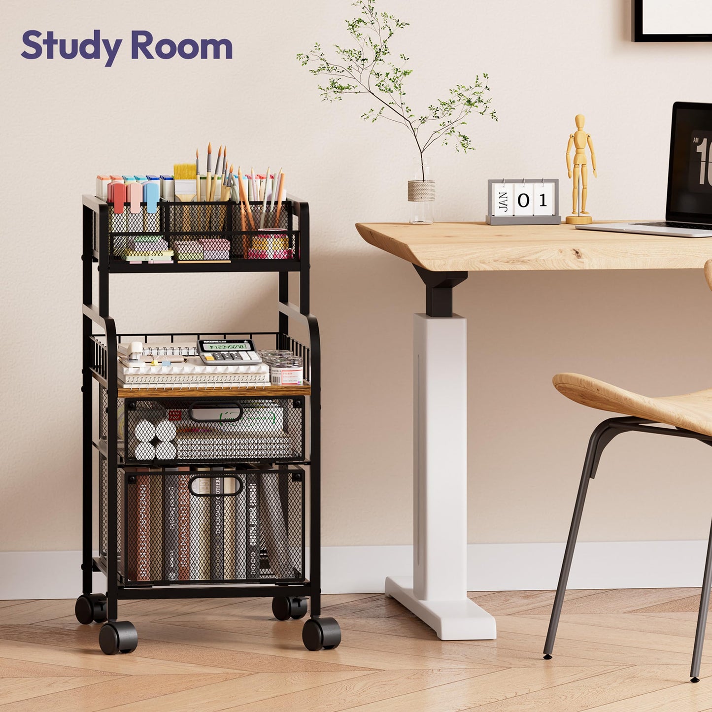 SWTYMIKI Rolling Cart with Drawers - Metal Craft Cart with Wheels, DIY Divider and Wood Shelf, Art Supply Organizer for Under Desk Storage, Utility Storage Cart for Home Office Studio, Espresso