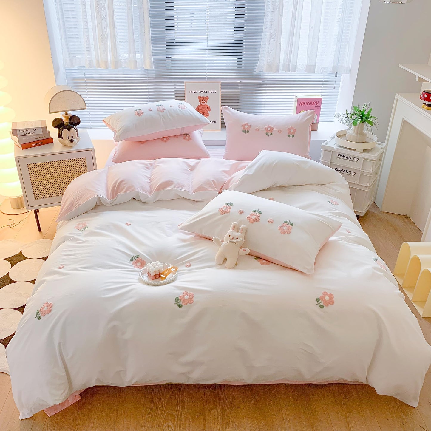 MorroMorn Cotton Duvet Cover Queen Size, 3D Embroidery Floral Bedding Sets, Fluffy Chenille Embroidered Comforter Covers Breathable for Girls Kids (Flowers White Full/Queen, Comforter Not Included)