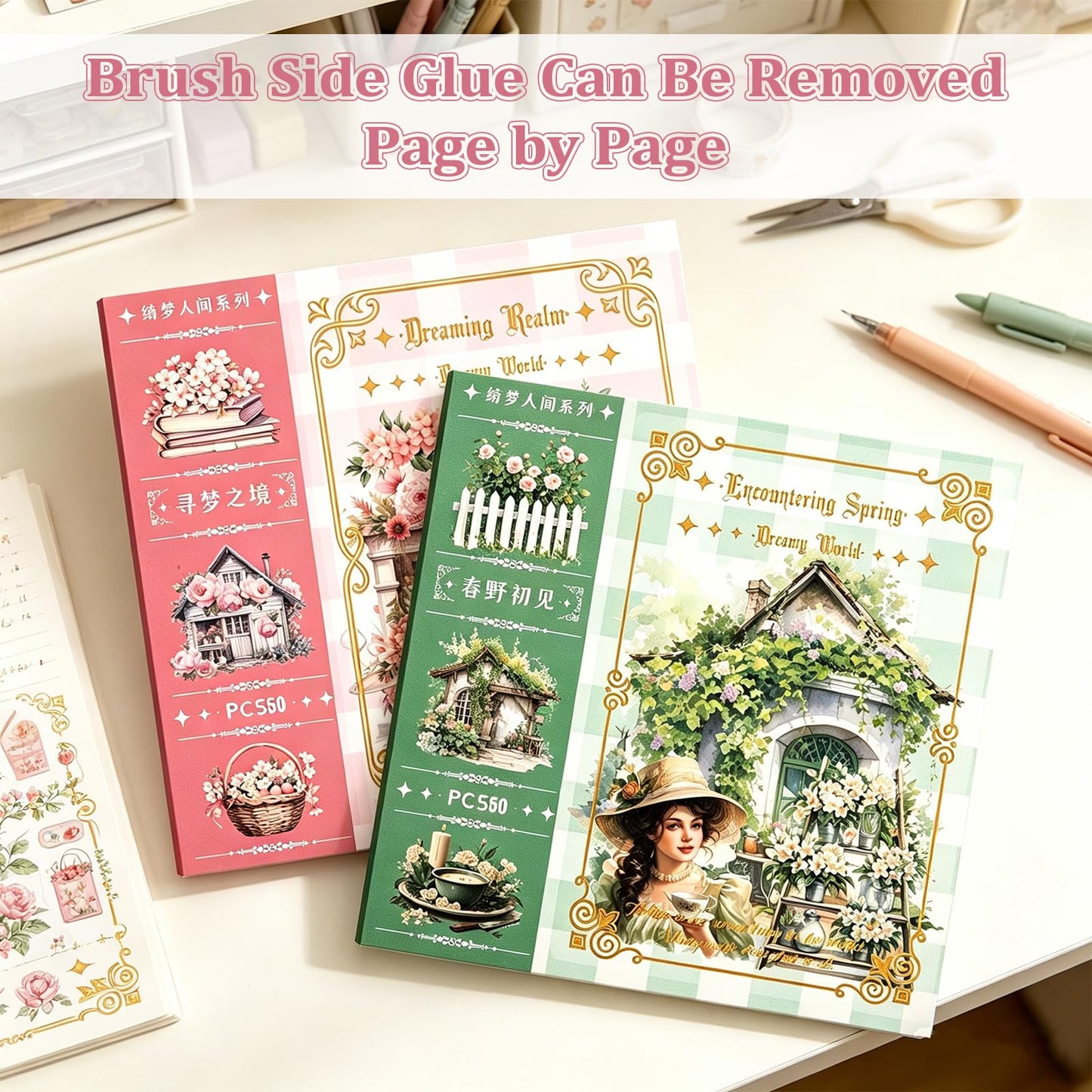Dreamland Series Sticker Book, 2 Piece Set (Pink & Green), 100 Sheets Aesthetic Washi Stickers for Journaling - Vintage Scrapbooking Supplies for Junk Journal, Planner, DIY Arts & Crafts