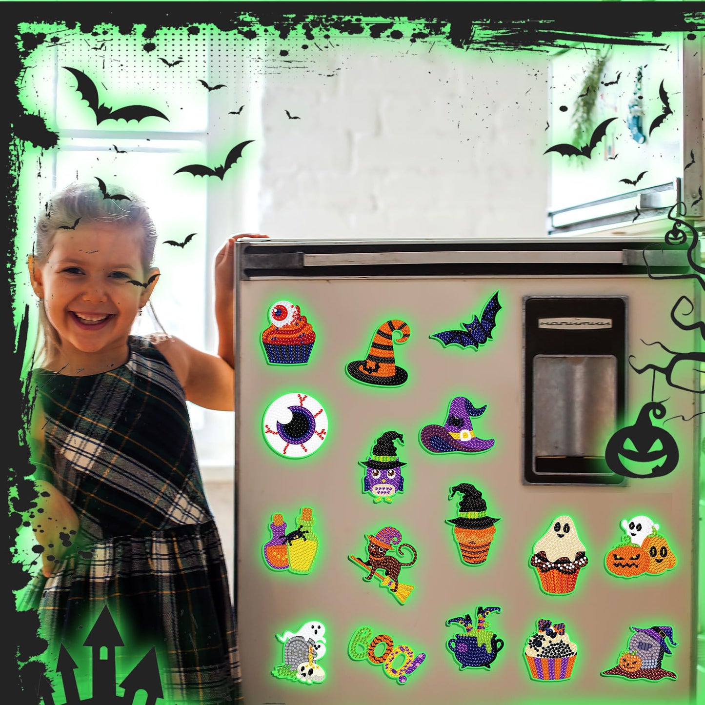 Motipuns 30 Pcs Luminous Halloween Diamond Painting Magnets Kits Glow in The Dark Diamond Art Fridge Magnet Refrigerator Sticker for Beginners Kid Adults Home Decors DIY Art Craft Gifts