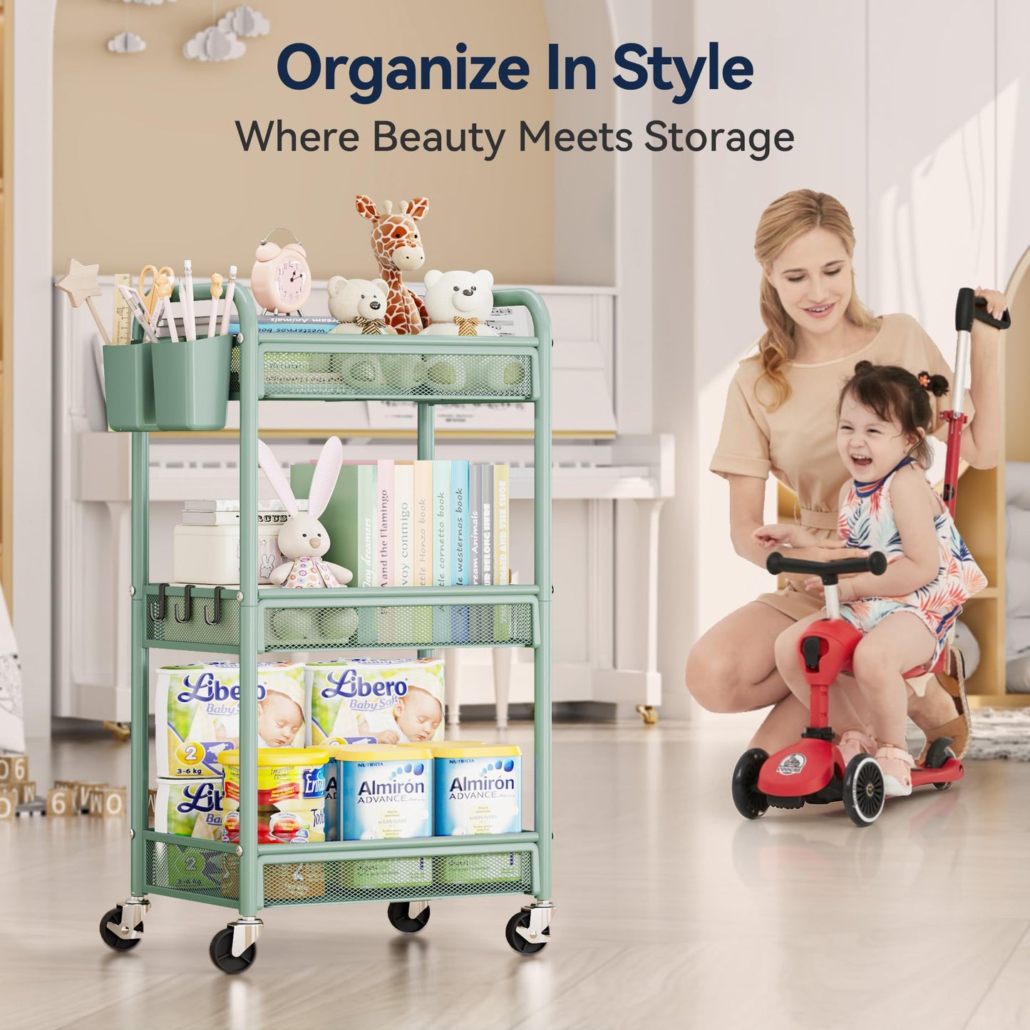 YASONIC 3 Tier Rolling Cart – Metal Utility Storage Carts with Wheels, Craft Carts Organizer with Hanging Cups, Hooks, Mesh Basket for Bedside Kitchen Office Art, Green