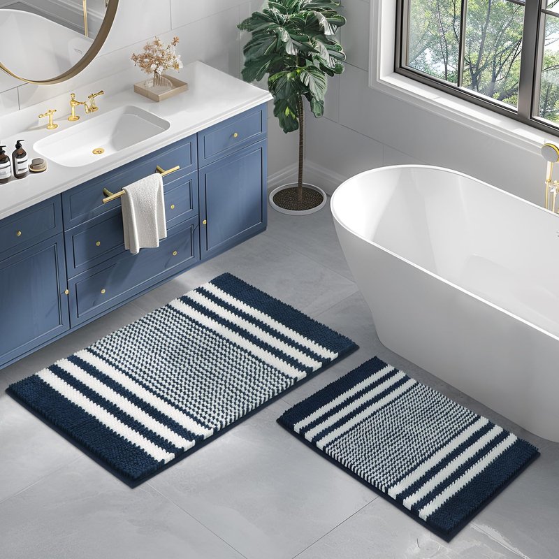 Starryle Bathroom Rugs Set 2 Piece, Extra Soft and Absorbent Fluffy Striped Chenille Bath Mat Rug Set, Non Slip Bathroom Floor Mat, Machine Washable (24" x 35" Plus 16" x 24", Light Blue)