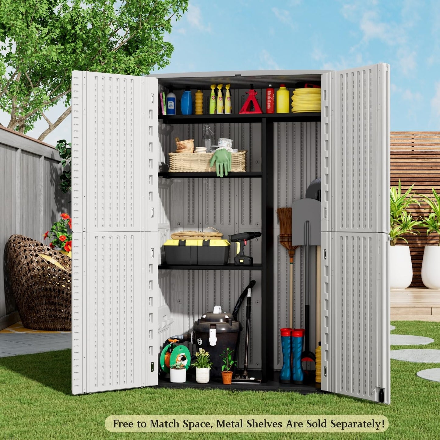 ZZM Large 67 Cu.ft Waterproof Storage Shed, Outdoor Storage Cabinet,Durable Resin Sheds for Patio Furniture, Garden Tools, Pool Accessories, Mower Storage (White)
