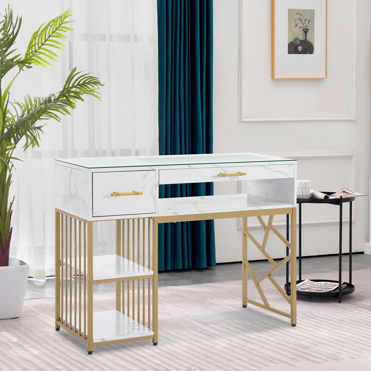 BarberPub Modern Manicure Table with Drawers, Marbling Texture Nail Desk with Storage Shelves, Glass Top, Beauty Salon Nail Station 2460 (White)