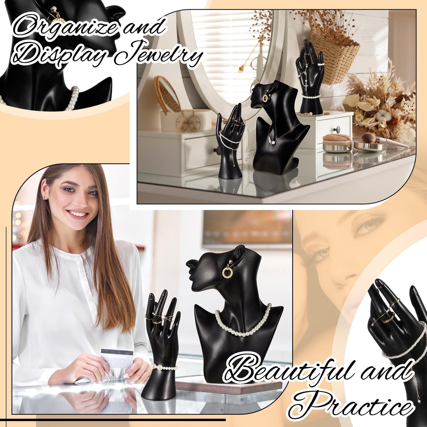 Kigley 3 Pcs Jewelry Mannequin Display Set Including Boutique Bust Holder Mannequin Earring Stand Hand Display Bracelet Ring Stand for Selling Show(Black)
