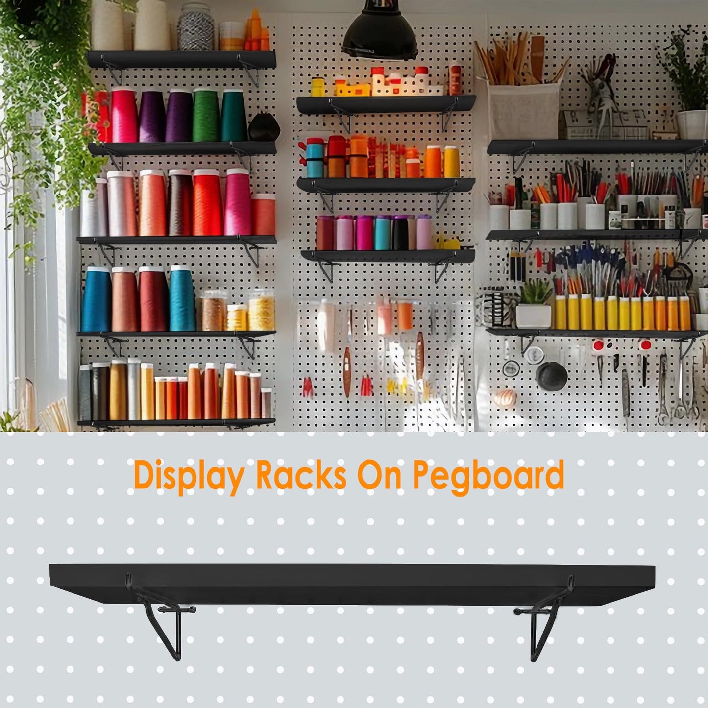 2 Pack Pegboard Shelves with Brackets, Peg Shelf Board with Hooks Fits 1/8" 1/4" Pegs Slots, Peg Board Organizer Accessories Various Tools Storage Arrange System for Garage Craft Workshop Workbench