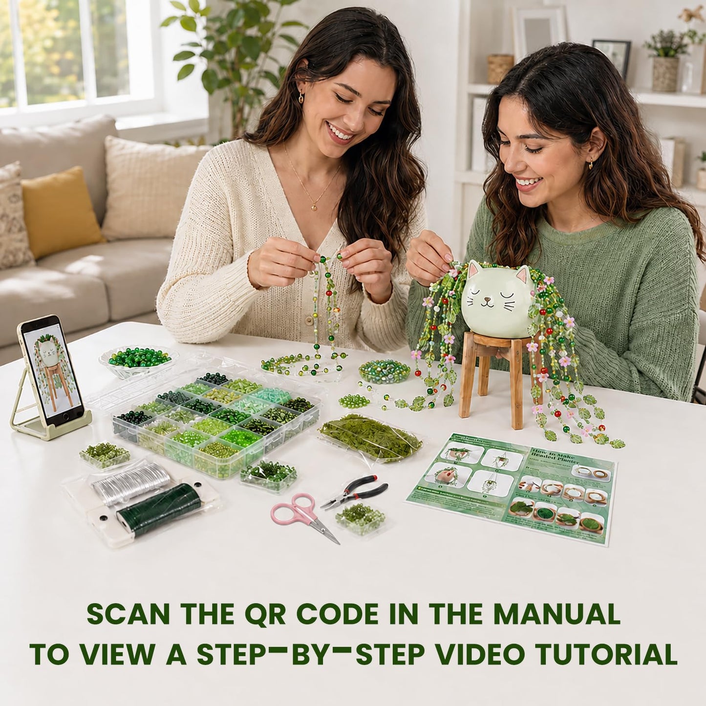 Scvotier Beaded Plant Kits with Wire and Beads, All-in-One Green Glass Beaded Plant DIY Craft Kit with Tools & Instructions - Create Your Own Hanging Green Decor, Relaxing Handmade Gift