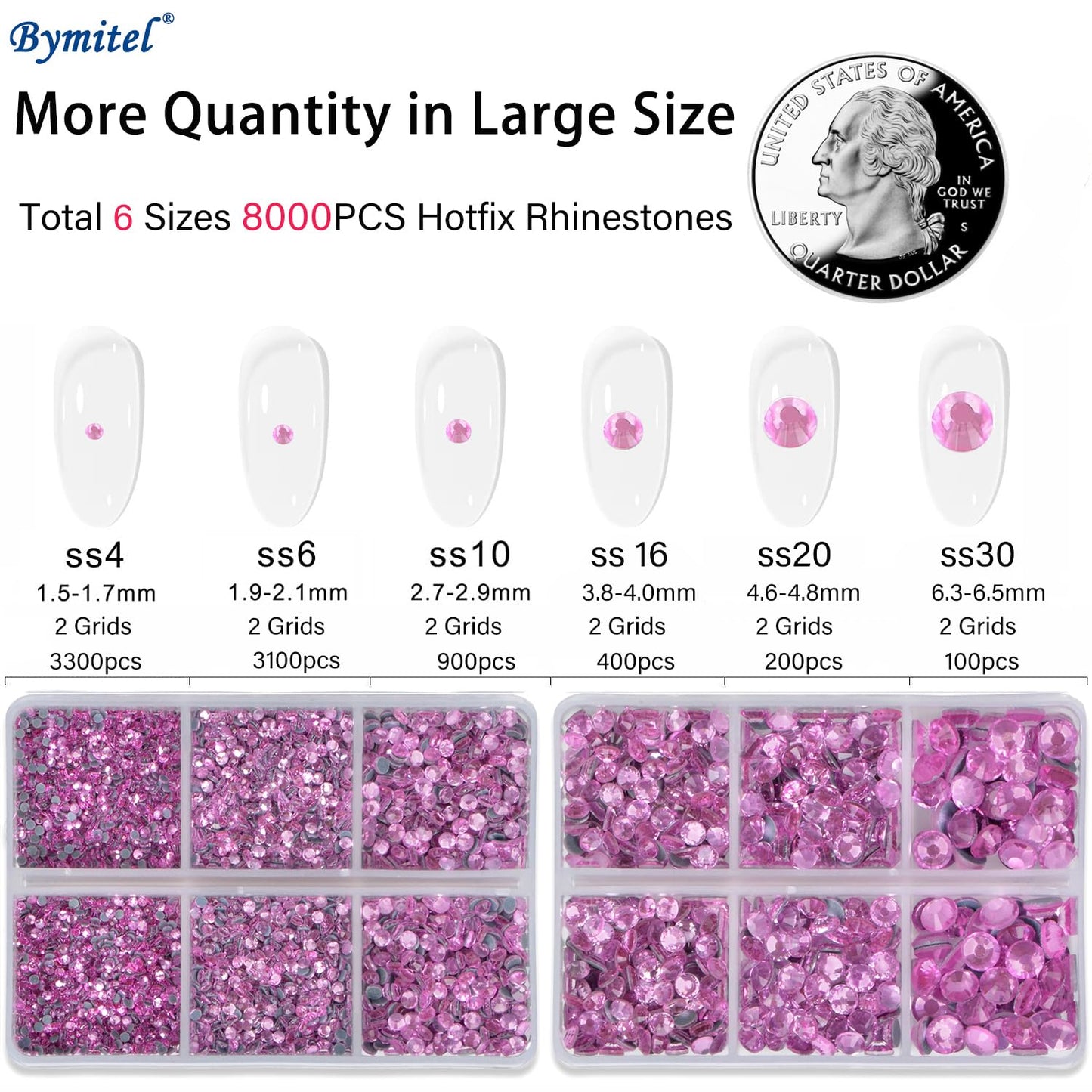 Bymitel Hotfix Crystal Rhinestones Round Gems for Crafts,Mixed 6 Sizes with Wax Pencil Kit, Lt. Rose 1.6-6.3mm SS4-SS30/8000pcs