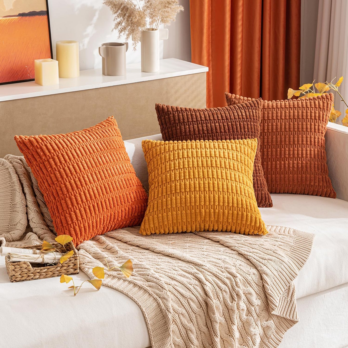 MIULEE Decorative Pillow Covers - Soft Orange Corduroy | Pack of 2, 18x18 Inch, Boho Striped Design for Home Decor