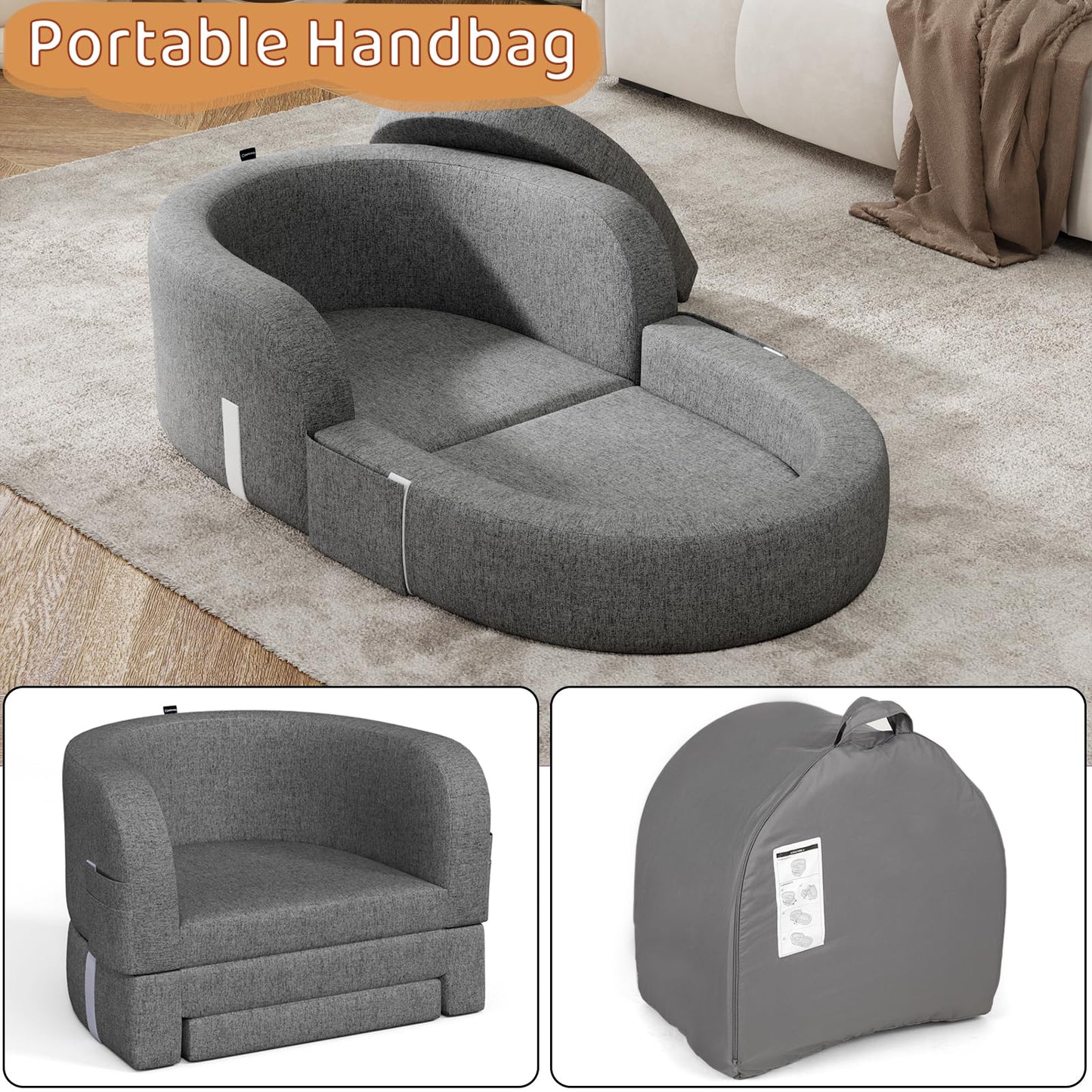Cowiewie Toddler Travel Bed 2-in-1 Kids Sofa Chair with Removable Cover, Soft Foam Portable Foldable Toddler Bed for Travel with Carrying Bag