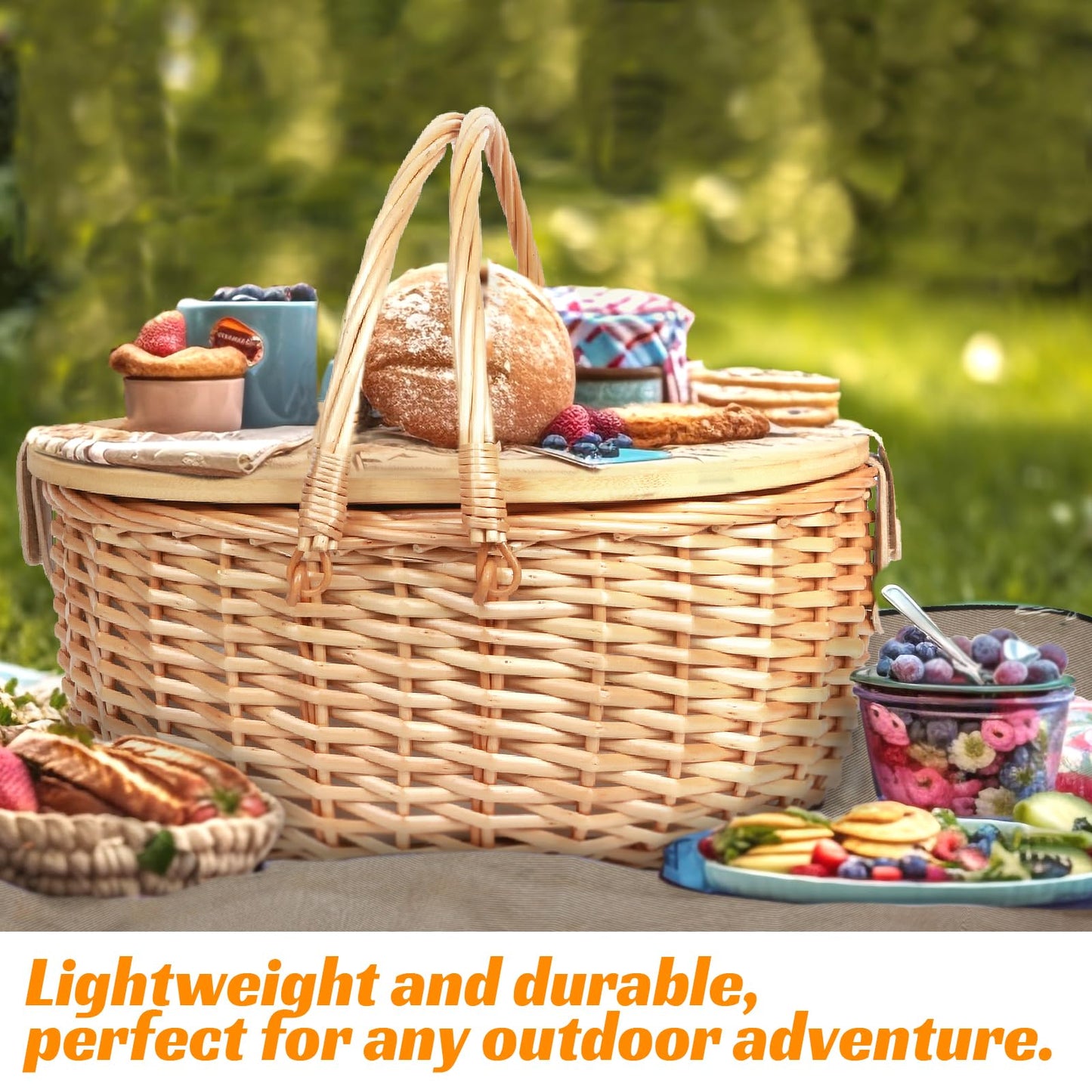 Hap Tim Dual Wicker Picnic Basket Set with Blanket for 2 - Unique Gifts Ideas for Couple, Engagement, Wedding, Bridal Shower, Family, Christmas - White Elephant Gifts for Adults(Y2408A-2)