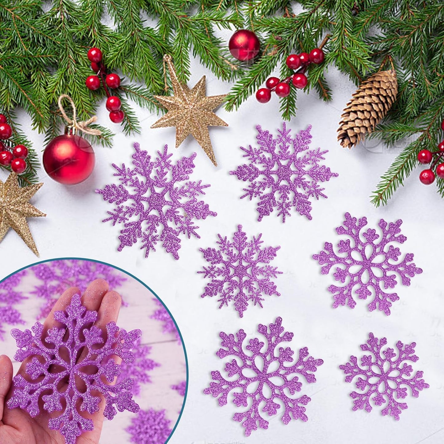 Skiennix 36pcs Christmas Light Purple Snowflake Ornaments - Plastic Hanging Decor for Winter Wonderland