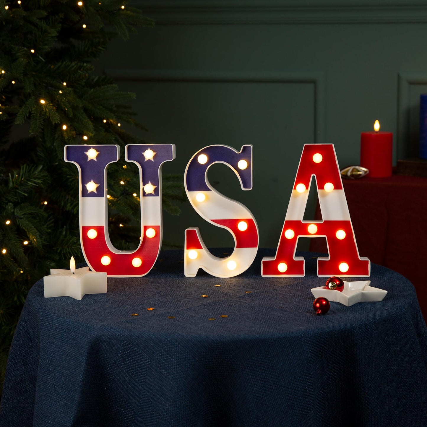 NWLIGHT Light Up letters 4th of July Marquee Lights for Independence Day LED Battery Operated Letter Lights Patriotic USA Letters Holiday Table Centerpiece Home Decoration