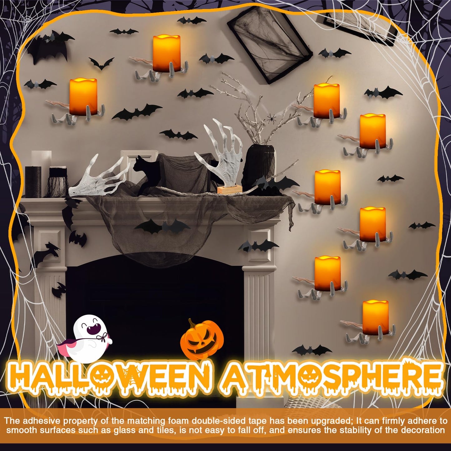 Tuanse 6 Pcs Halloween Skeleton Wall Decorations 3 Witch's Hand Wall Mounted Creepy Hands 3 Lighted Candles 3D Black Spooky Bats Double-Sided Tape for Gothic Halloween Indoor Home Decoration