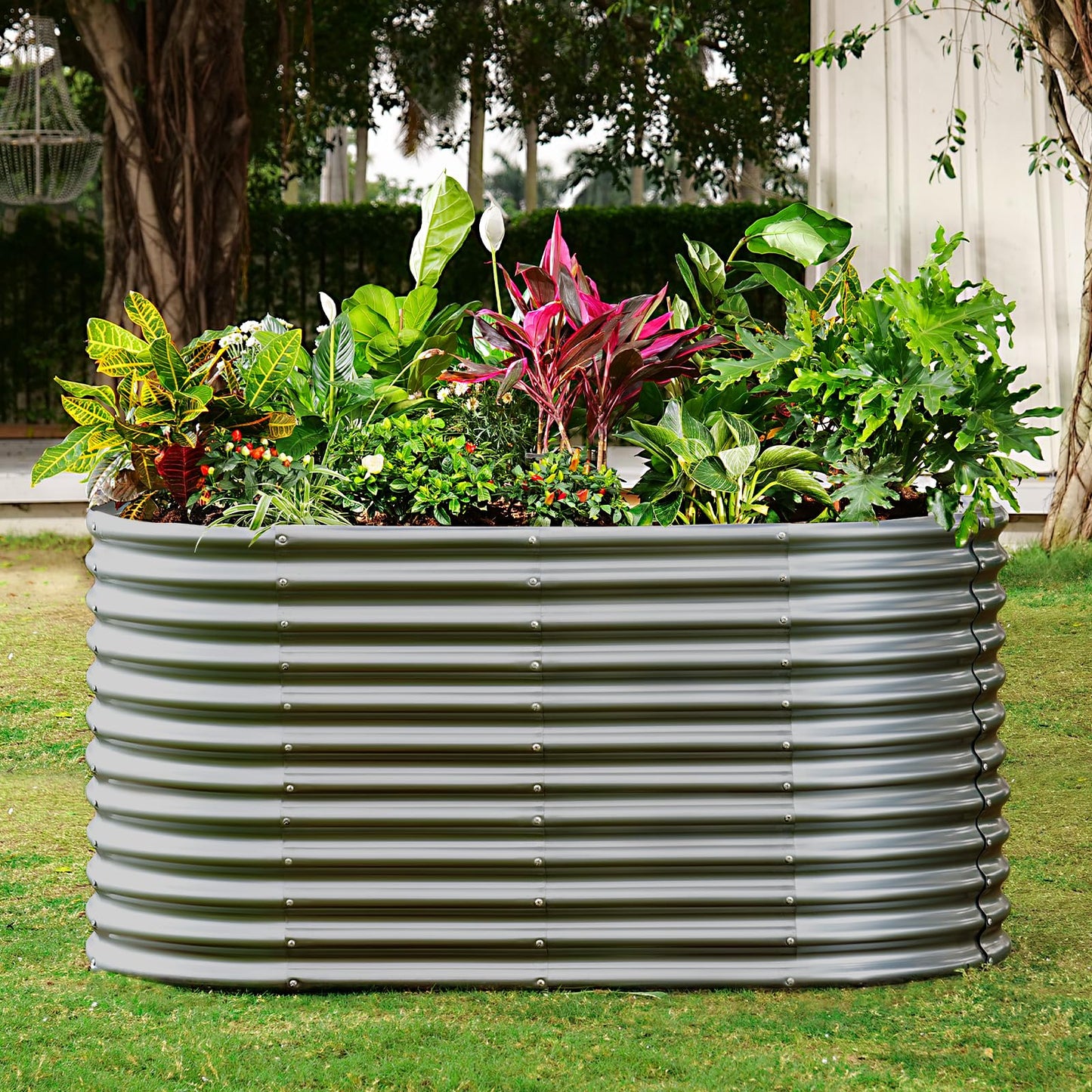 Land Guard 8x4x3ft Oval Galvanized Raised Garden Beds, Large-Capacity Metal Planter Box Outdoor, Durable Deep Raised Garden Bed 3ft Tall, Raised Beds for Gardening Vegetables, Modern Gray