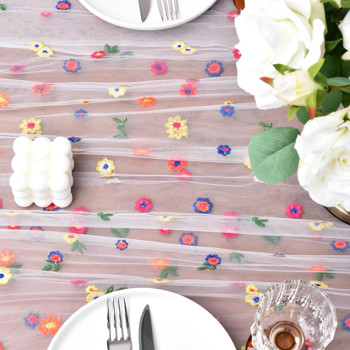 Joanlody 6pcs Ivory Summer Flower Table Runner 10ft Embroidery Daisy Floral Seasonal Tulle Table Runner for Home Garden Tea Party Holiday Birthday Decoration