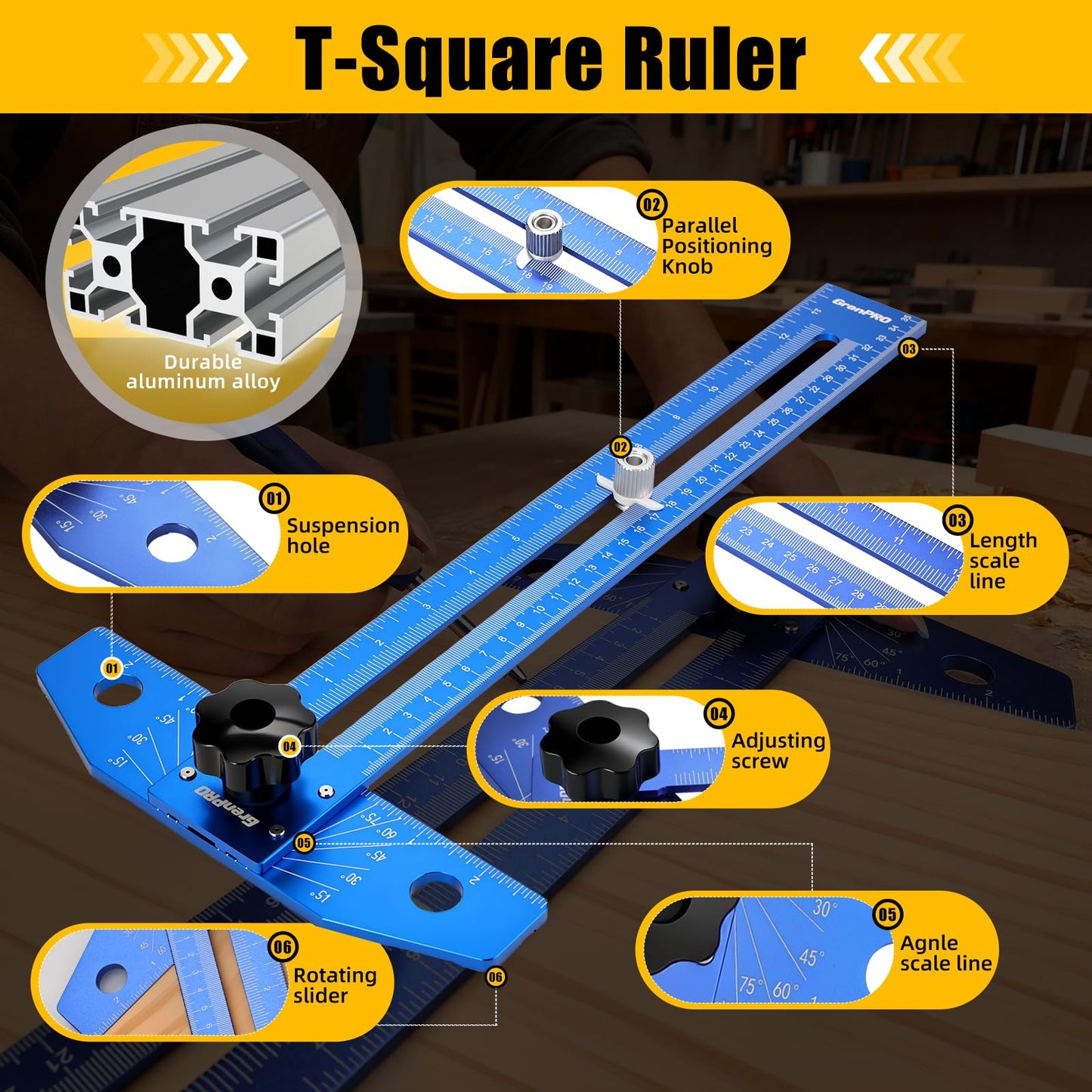 GRENPRO Woodworking Scriber Marking Line Ruler with Carpenter Pencil & Metal Ruler, Adjustable Aluminum Alloy Sliding T-Square Ruler, Measuring Angle Finder with Adjustment Scale,Drawing Aid Rule tool