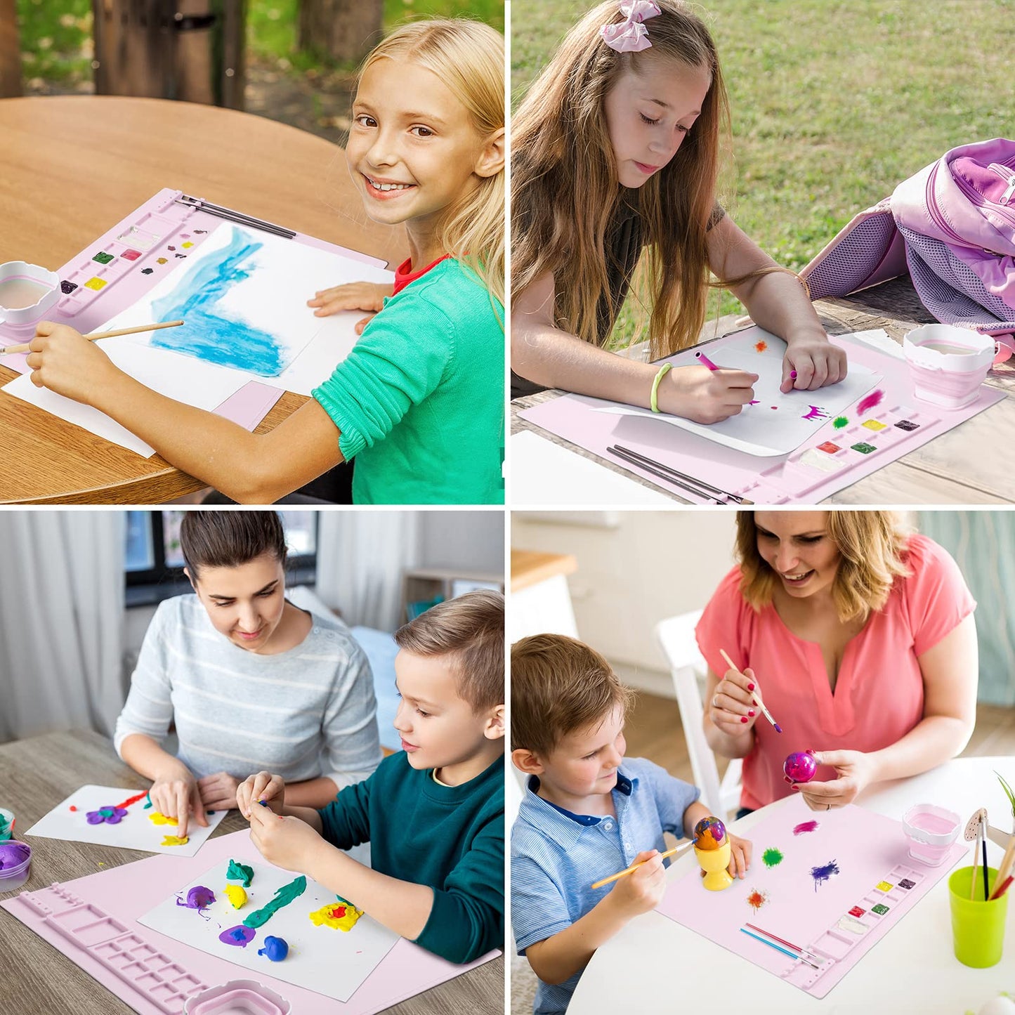 Silicone Painting Mat, Art Mat with Cup, Craft Paint Brush Cleaner Tool, Artist for Kids Gift Clay DIY Creations, Christmas Gift for Kids (Pink)